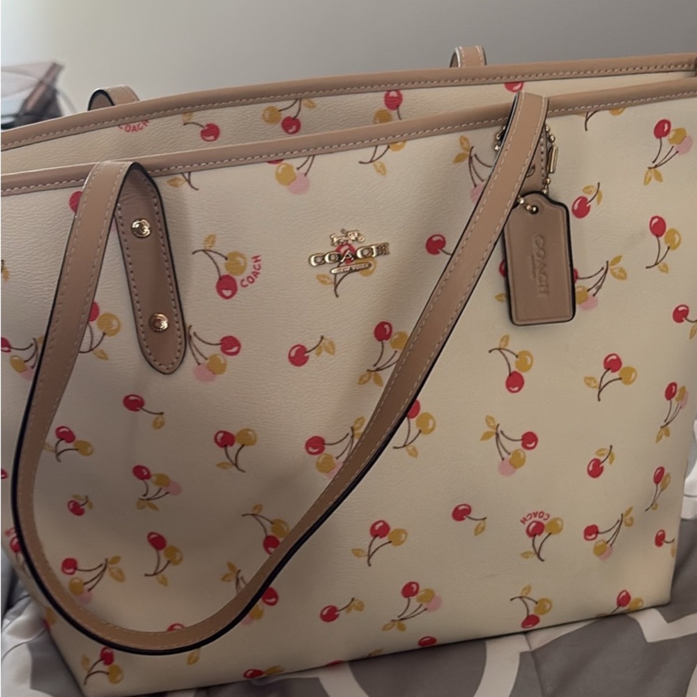 Coach Cherry Print Tote - Beige and Tan